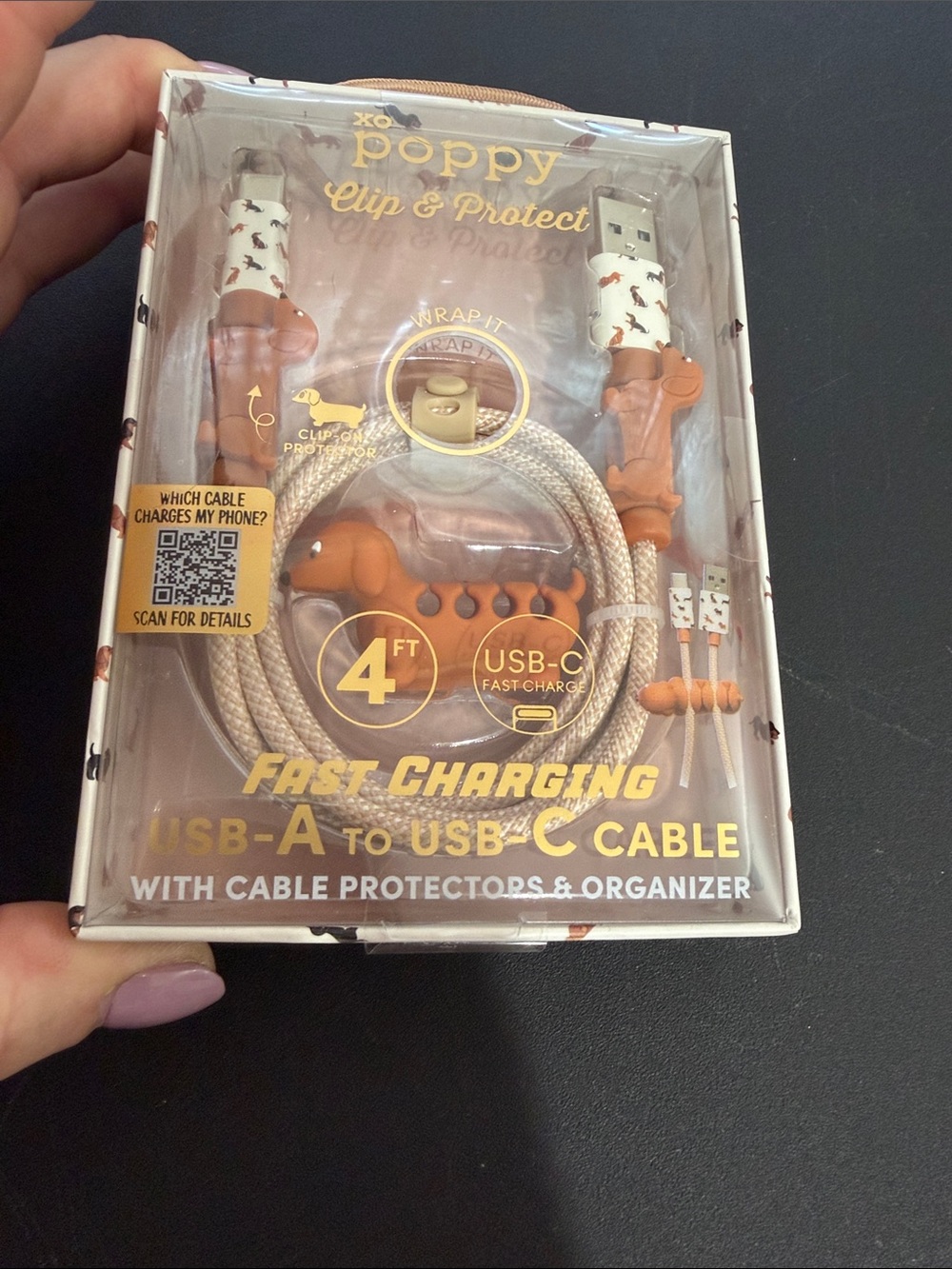 Xo poppy fast Charger usb-A- usb-c cable with dachshund cable organizer